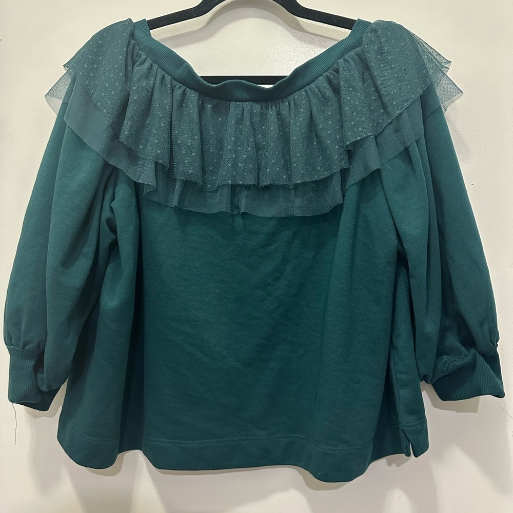 Anthropologie Maeve Teal Ruffle Bow Crop Sweater Sz M - Picture 7 of 7